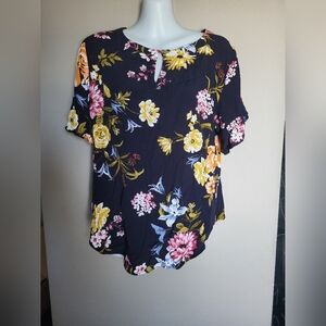 Loft Floral Women's Top - Blue with Multicolor Design, Size Medium Petit